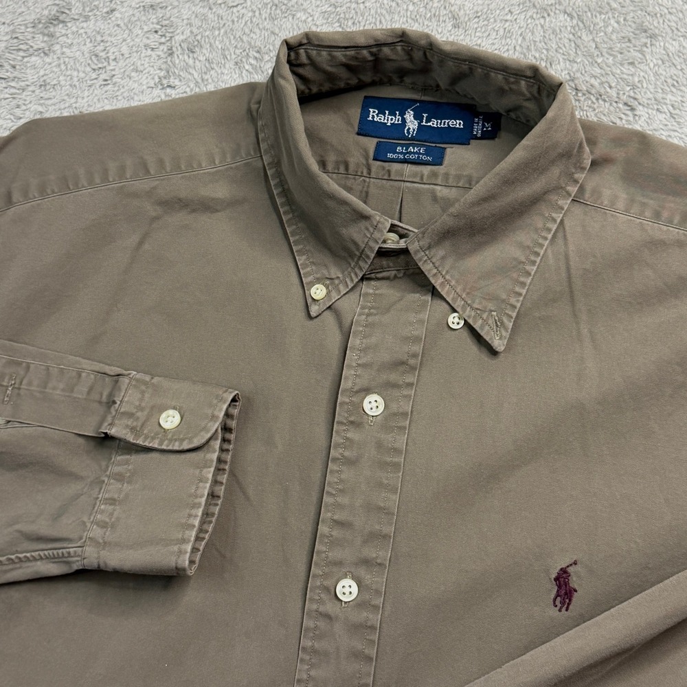 Ralph Lauren Blake Mens M Brown Cotton Button Down Long Sleeve Shirt Olive Pony